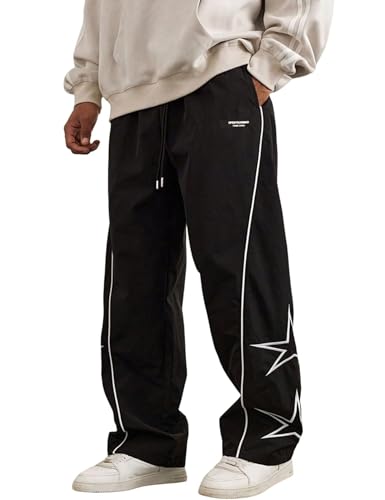 FCOOLYEET Men's Star Pants Y2K Wide Leg Graphic Sweatpants Baggy Striped Pant Lightweight Drawstring Track Pants