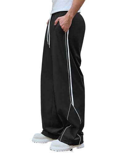 Susclude Mens Wide Leg Sweatpants Baggy Fall Track Pants Y2k Oversize Stretch Casual Pants Drawstring Trousers Black
