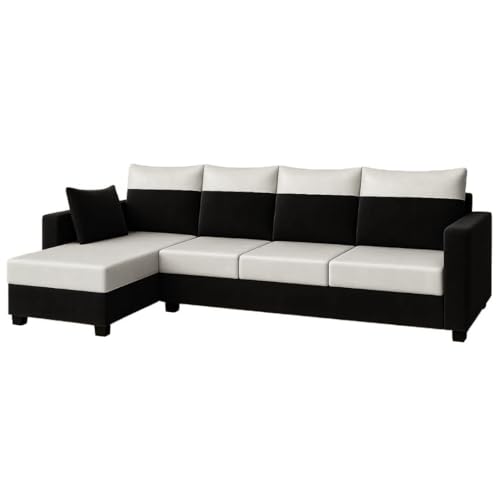 Image of FURNY Arissa 5 Seater Fabric LHS L Shape Sofa Set with Extra Cushions (Light Grey-Black) Premium Velvet Finish| Durable Comfort Ideal for Living Room