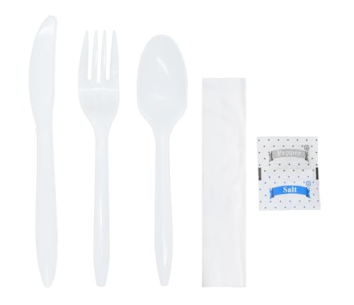Daxwell Plastic Cutlery Kits, Medium Weight Polypropylene (PP), with Fork, Knife, Teaspoon, Salt, Pepper, Napkin, White, B10001837 (Case of 250)