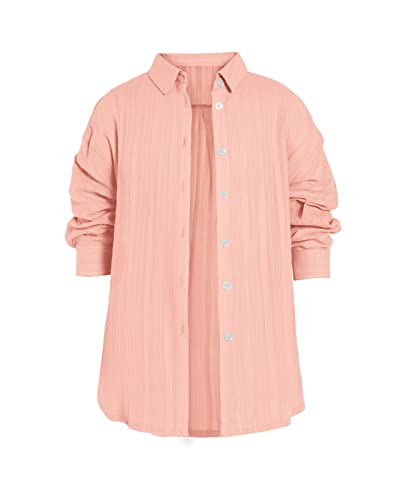 Ivay Girls Button Down Soild Color Blouses Long Sleeve Loose Soft Casual Shirts Cute Tops Pink #TOP2