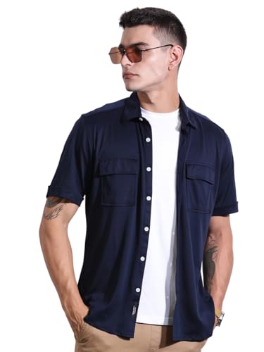 Image of Thomas Scott Men's | Solid | Half Sleeve | Slim Fit | Cotton Blend | Double Flap Pocket | Spread Collar | Casual Shirt