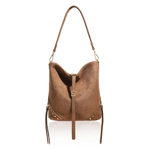 Bucket Bag for Women, Suede Crossbody Bag Tote Bags, Women's Shoulder Handbag, Vintage Suede Studded Fringe Purse