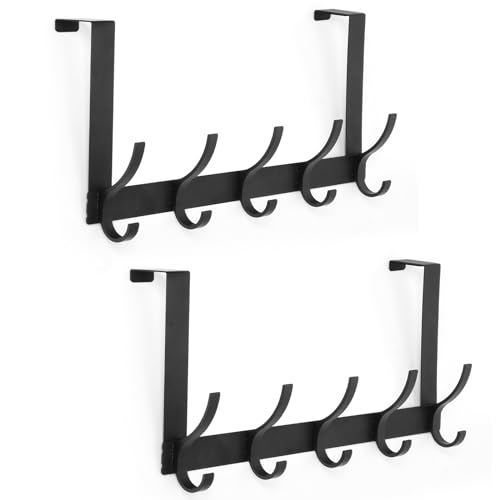 Optish Over The Door Hooks, Door Hanger Hooks for Hanging, Over The Doors Towel Racks for Bathroom with 10 Coat Hook, Coat Rack Bathroom Accessories（2 Pack, Black）