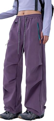FEOYA Women Hiking Trousers Baggy Waterproof Quick-Dry Parachute Cargo Pants with Zipper Pockets for Outdoor Purple M