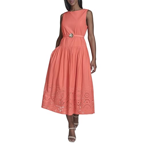 Image of Karl Lagerfeld Women's Sleeveless Boat Neck Drop Waist Belted Midi Dress