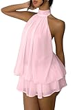 Fhykiss Women's Chiffon Halter Drop Waist Mini Dress Wedding Guest Dresses Ruffle Formal Holiday Club Brunch Outfits Pink S