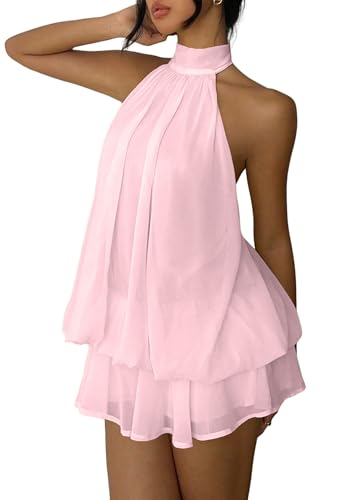 Fhykiss Women's Chiffon Halter Drop Waist Mini Dress Wedding Guest Dresses Ruffle Formal Holiday Club Brunch Outfits Pink S