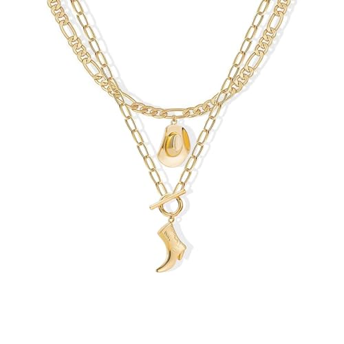 Cowboy Hat Boot Pendant Necklace for Women Layer Dainty Western Cowgirl Hat Boot Charms Chain Necklace Shell Necklace Summer Seashell Beach 18k Starfish Surfer Jewelry Gift