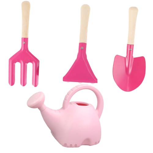 KICHOUSE 4Pcs Garden Watering Can and Shovel Pink Cartoon Flower Design with Handle Planting Tools for Boys and Fun Gardening Accessories
