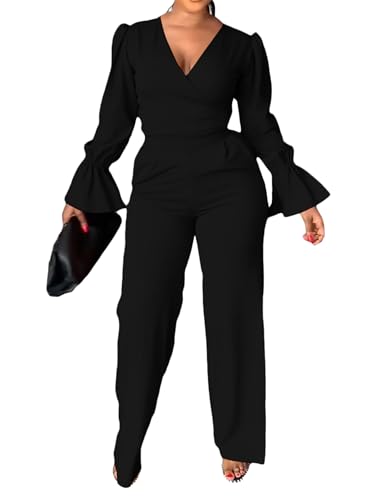 Rooscier Women's 2 Piece Outfits Wrap V Neck Flounce Long Sleeve ...