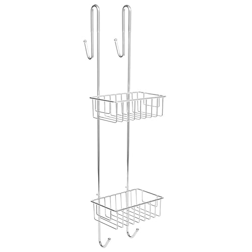 Bamodi Shower Caddy Hanging - 2 Tier Over Door Chrome Plated - No Drilling Required - Fits Shower Screens up to 0.78 inches - Hangable Shower Rack with 2 Towel Hooks (27.5 x 7.5 x 7.3 INCHES)