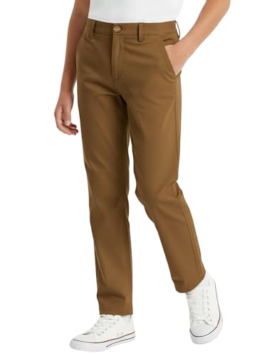 PATPAT Youth Boys Straight Pants Brown Size 11-12 Years School Uniform Casual Elastic Waist Zip Button Closure Chino Twill Pants with Pockets