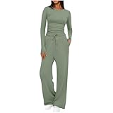 RLEHJN Jogginganzug Damen,Zweiteiler Lounge Set Langarm Rundhals Seitliche Rüschen Oberteile und Weites Hose Elegant Freizeitanzug Elastischer Bund Gerade geschnittene Hosen Sweatsuit
