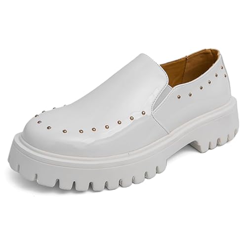 Men's Sparkly Leather Platform Comfort Penny Loafers Round Toe Slip On Lightweight Lug Sole Golden Rivets Dress Shoes for Business Work Daily Wear