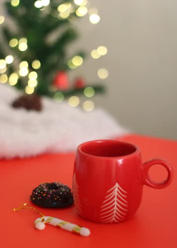 Image of WEAVING HOMES Handcrafted Ceramic Red Christmas Tree Mug & Merry Dessert Plate Gift to Best Friend and Love Microwave Safe /Dishwasher Safe (Set of 2)
