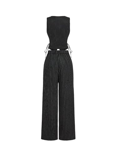 Image of MOD V-Neck Sleeveless Side Tie Waist Straight Pants Black Striped Suit Set,Back To School Preppy Tops 2pcs