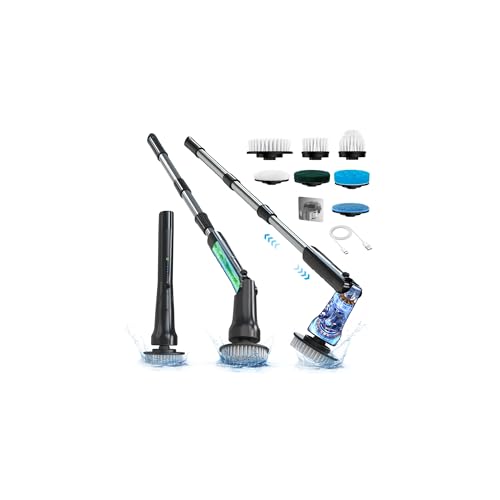 Image of Hillyfe Black Electric Spin Scrubber, Cordless Shower Scrubber with Long Handle, Power Tub & Floor Scrubber, Shower Cleaner Brush for Bathroom, Grout and Tile, 7 Heads, IPX7 Waterproof