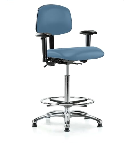 Image of Perch Chrome Stationary Multi-Task Office Chair with Adjustable Armrests and Foot Ring | High Bench Height 24-33.5 inch | Colonial Blue Vinyl