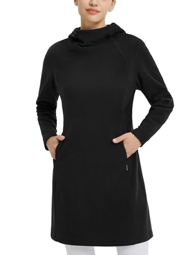 baleaf Women's Fleece Sweatshirt Dress Thermal Long Winter Fall Tunic Dresses Outfits with Pocket Hooded Pullover Black XS