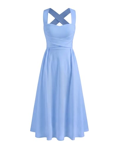 JKMNAO Women Wedding Guest Corset Midi Dress Summer Flowy A Line Crossing Straps Tea Party Dresses for 2026 Blue