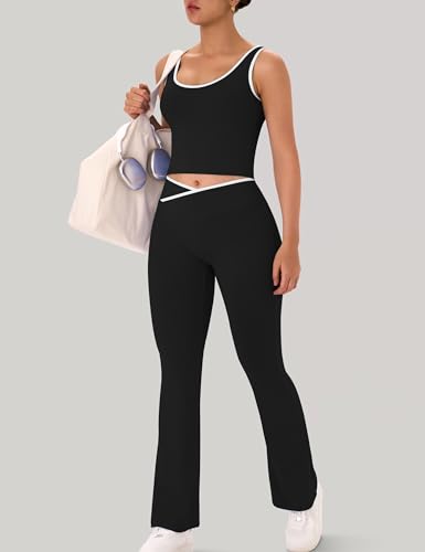 OLCHEE Womens Workout Sets 2 Piece Gym Yoga Outfits Crossover Flare Leggings Crop Tank Top with Contrast Trim4