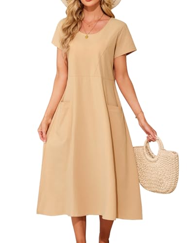 Niwicee Sommerkleid Damen Casual Rundem Ausschnitt Lang Kleider Sommer Elegant Leicht Lockeres Freizeitkleider Baumwolle Einfarbig Lässiges...