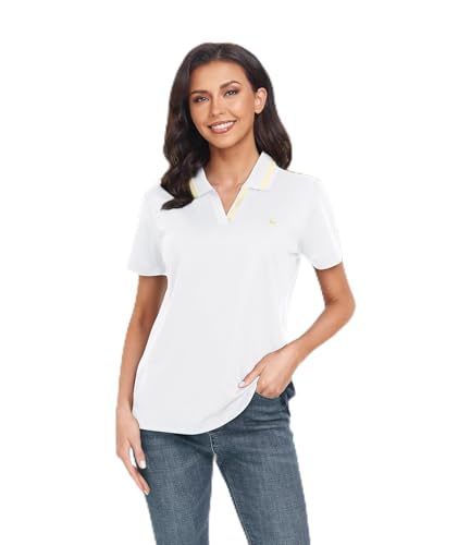Camisa polo feminina de golfe com gola V e manga curta, Branco, M