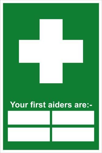 Your First Aiders Are Sign, 12x8 Metal Tin Sign, First aid personnel notice.