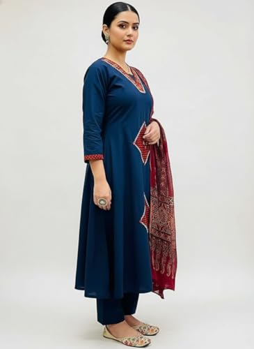 Image of BHARVITA Women's Rayon Handwork Embroidered and Printed Straight Kurta with Pant And Dupatta Sets