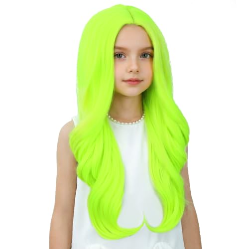 Image of Light Green Wig Long Fluorescent Green Middle Part Wig Long Bright Green Wavy Curly Wigs Heat Resistant Synthetic Wigs for Daily Party Use