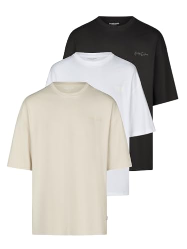 JACK & JONES Tshirt Herren Oversize Fit JJECHARGE 3er Set Pack Rundhals Kurzarm Sommer Tee Shirt Print Schwarz Weiß Beige Grün Grau Braun S M L XL XXL 3XL