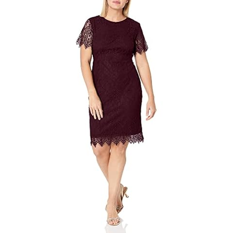 MSLG Wedding Guest Dresses for Womens Elegant Floral Lace Round Neck Short Sleeves Cocktail Party Bodycon Knee Length Dress 931 (S, Burgundy) Cover