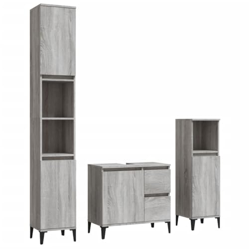 vidaXL Ensemble d'Armoires de Salle de Bain 3 pcs, Armoires d'Evier avec Rangement, Meubles de Lavabo Toilette, Industriel, Sonoma Gris