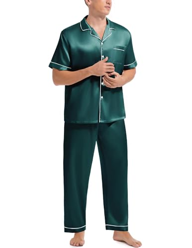 Couples Matching Pajamas Set Silk Satin Short Sleeve Sleepwear Men Button Down Loungewear Green X-Large3