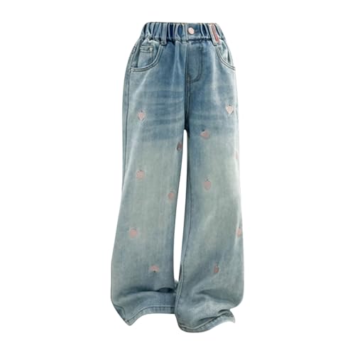 Teens Girls Baggy Y2K Jeans Kids Heart Print Vintage Elastic Wasit Palazzo Denim Pants Little Girl Trendy Wide Leg Trousers