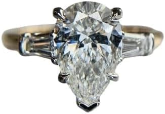 Finecreation_usa- 3 Ct Pear Cut Lab Created Diamond Ring, Sterling Silver 925, Three-Stone Engagement, 14K Two-Tone Gold Finish
