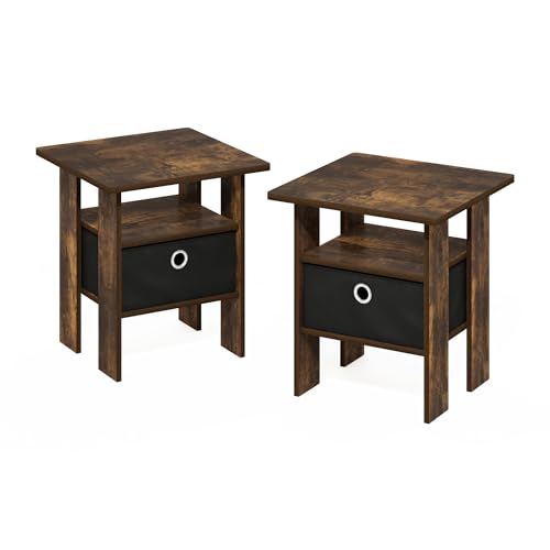 Image of Furinno Andrey Set of 2 Square Side Table, End Table, Amber Pine | Open Shelves and Storage Bin, Square Modern Night Stand, Bedside Table, for Living Room, Bedroom