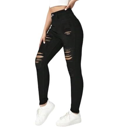 Women's High-Rise Stretch Skinny Ripped Jeans – Distressed Denim Leggings with Comfortable Fit and Classic Design