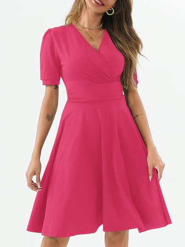 Image of Women's Summer Casual Dress Short Sleeve Wrap V-Neck A-Line Dress Sundress Wedding Guest Cocktail Midi Dresses