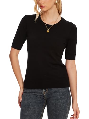 Image of Spicy Sandia Women's Short Sleeve Sweater Casual Knit Pullover Top for Summer Lightweight Black M