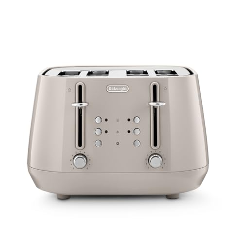 DeLonghi Eclettica BPA Free Metal Toaster CTY4003.BG 4 Slot Toaster with Reheat and Defrost Functions Control Panels Progressive Browning Levels Pull Crumbs Trays Stainless Steel 1800W Beige