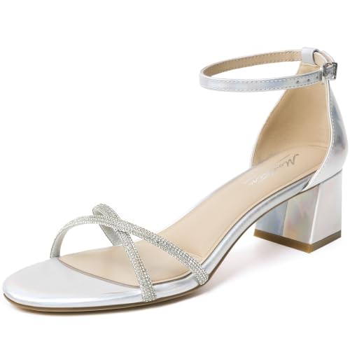 Image of Mostrin Chunky Heels for Women Round Open Toe Strappy Heeled Sandals Ankle Strap Dressy Block Low Heels for Party Wedding Prom Daily