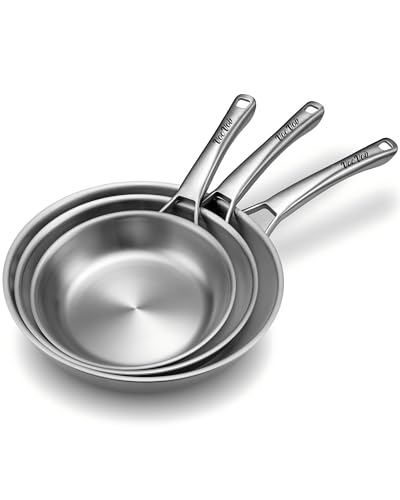 Image of VocVoi Tri-Ply Stainless Steel Frying Pans Set,PFOA&PTFE Free Skillets,Chef's Pan Set(8+10+12inch) Frying Pans for cooking,Induction Cookware Sets,Dishwasher and Oven Safe Kitchen set