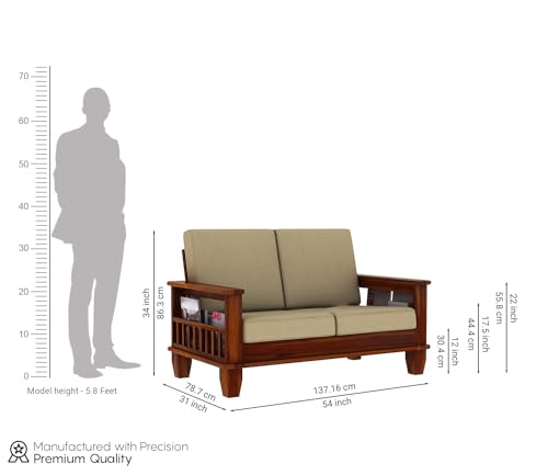 Image of PS DECOR Wooden 2 Seater Sofa Set for Living Room | Two Seater Sofa with Side Magzine & Newspaper Holder for Office & Lounge | SheeshamWood, Honey Finish