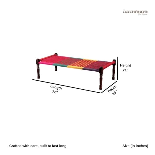Image of Solid Sheesham Wood Charpai Khat | Handcrafted Daybed Khatiya Charpai with Cotton Rope | Traditional Khat Bed Wooden Diwan Cot for Living Room | 6X3 Feet | Colorful 009 (Red-Multi)