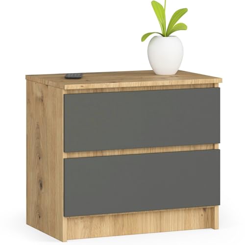 AKORD Kommode K60 mit 2 Schubladen | für das Wohnzimmer Schlafzimmer Schrank Büro Arbeitszimmer | Modernes Funktionales Design | B60 x H55 x T40 cm, Gewicht 20kg | Handwerkliche Eiche