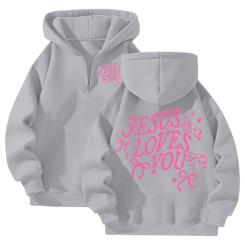 Jesus Love You Christian Hoodie for Teens Letter and Bow Printed Half Zip Bible Verse Sweatshirts Casual Fall Cozy Pullover