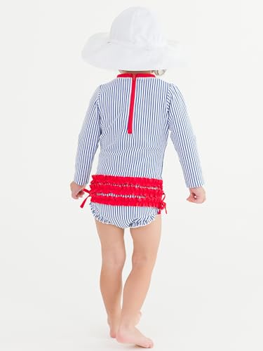 Image of RuffleButts Baby-Girls Seersucker Long Sleeve Rash Guard - One Piece Swimsuit UPF 50+ Toddler