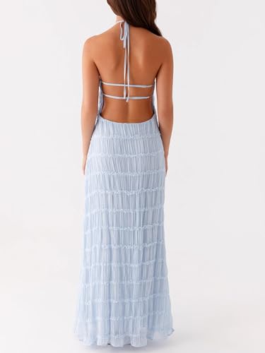 Image of Women Y2k Backless Long Dress Halter Tie Neck Maxi Dress Flowy Beach Sundress Summer Streetwear